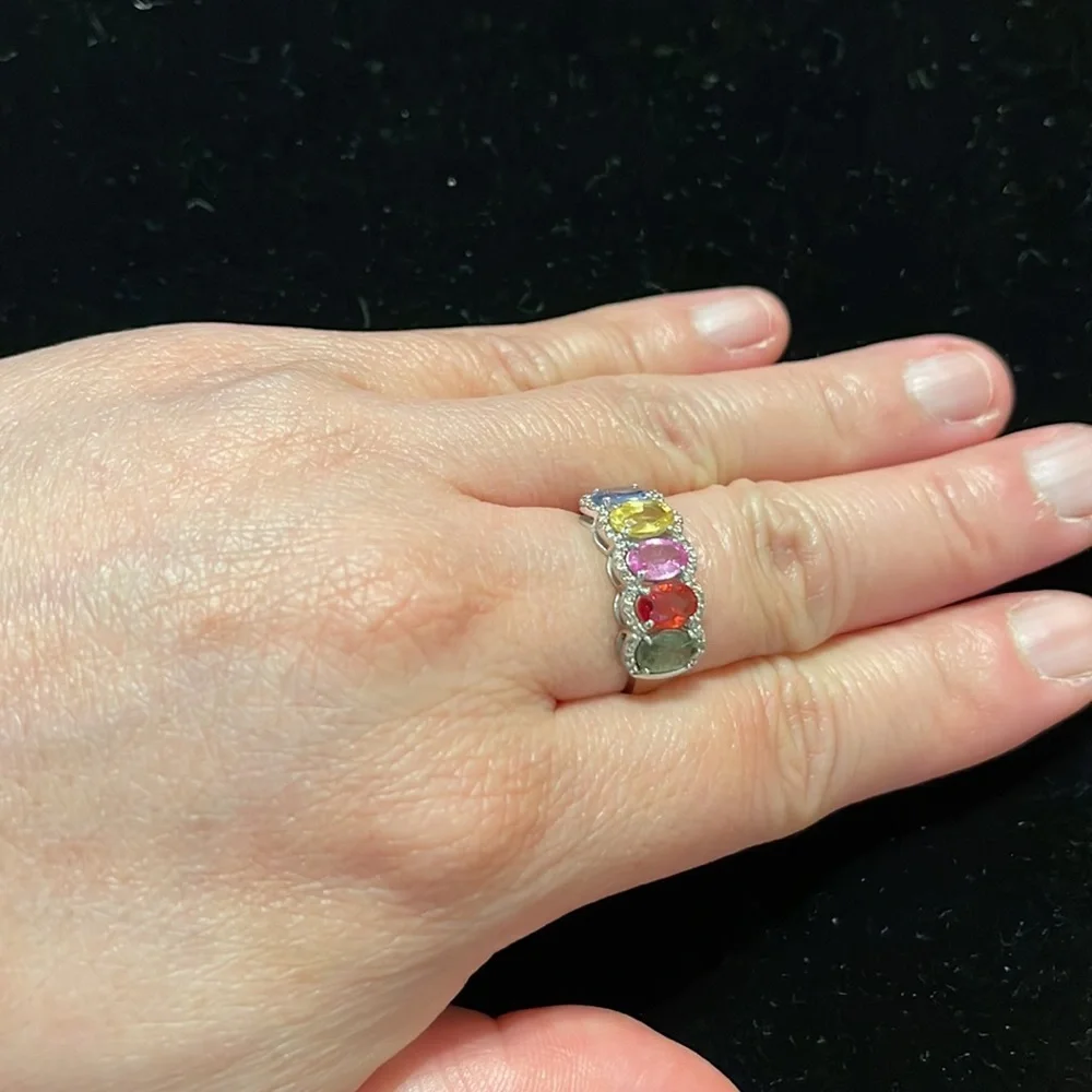 Natural Multi Color Sapphire 3ctw & Diamond 0.19ctw 18kt White Gold Ring S5.45
